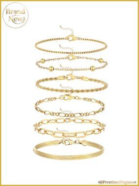 6Pc Gold Plated Waterproof Bracelet Set Dainty Stackable Chains Women Gift